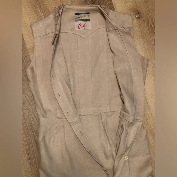 Vintage 1940’s 50s rhinestone beads linen dress pleats buttons Medium M 28”w VLV - Picture 10 of 12